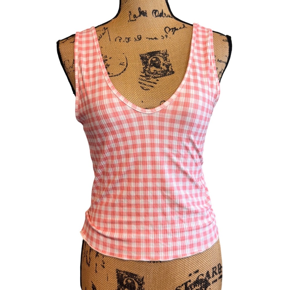 Caution to the Wind Pink Gingham Checkered Ribbed Scoop Neck Tank Top Small